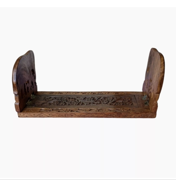 Vtg Ornate Handcarved Elephant Wood Slide Expandable Bookrack Ends Shelf India - Picture 4 of 16